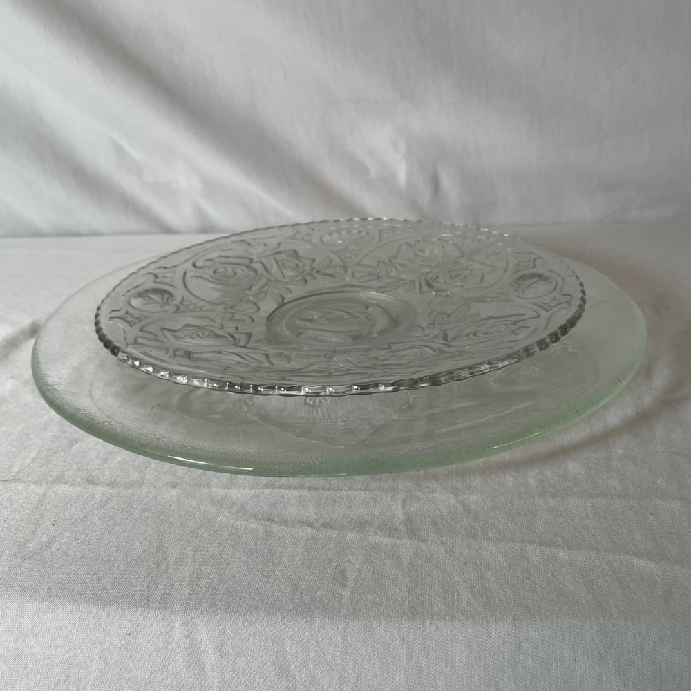Floral Etched Glass Serving Platter Lot of 2 - Round Decorative Plates 13"